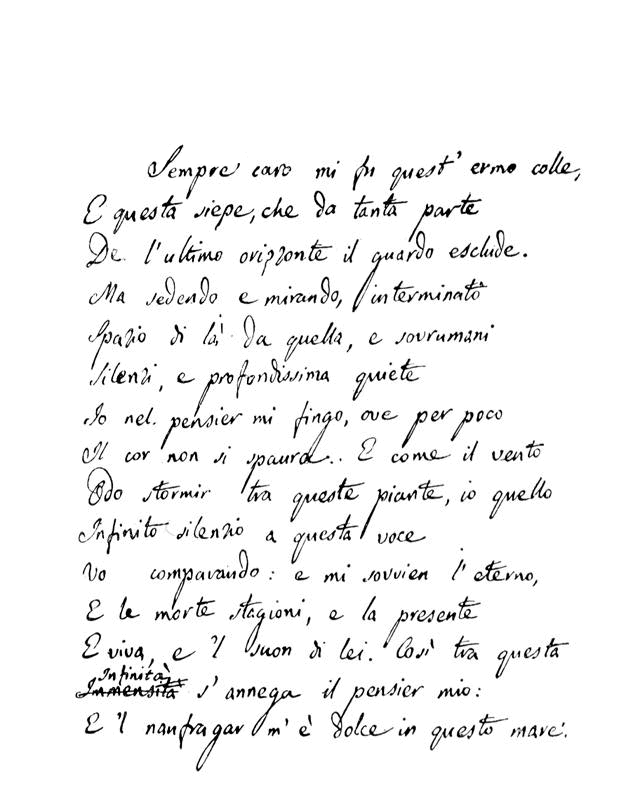 manoscritto de" L'infinito" di Giacomo Leopardi